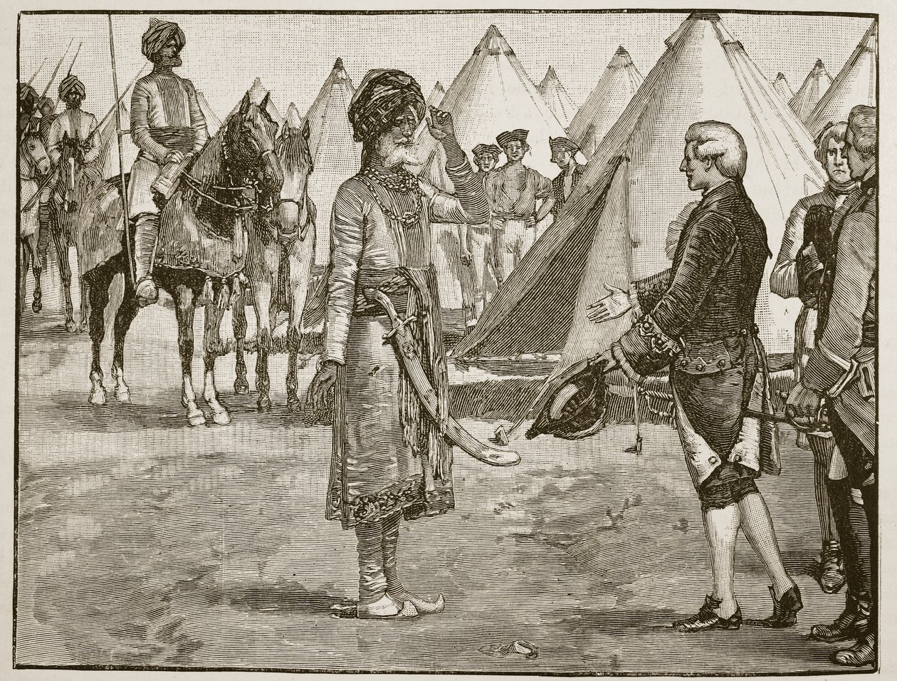 Velký Mogul vjíždí do anglického tábora, 1765, ilustrace z Cassells Illustrated History of England (sépiová fotografie) od English School