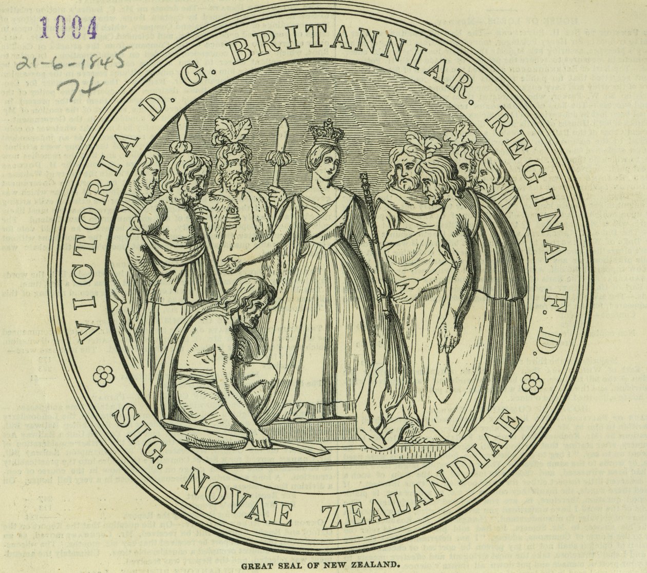 Velká pečeť Nového Zélandu, z The Illustrated London News, 21. června 1845 od English School