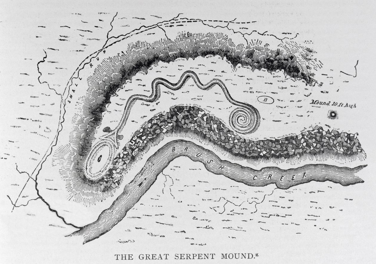 The Great Serpent Mound, near Locust Grove, Ohio, 2. století př. n. l., z knihy "Narrative and Critical History of America", vydané v roce 1889. od English School