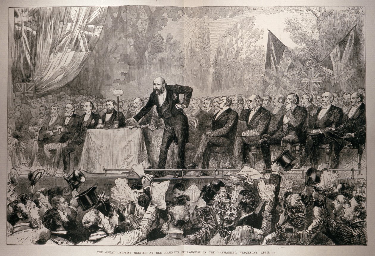 Velké shromáždění unionistů v opeře Jejího Veličenstva v Haymarket, středa 14. dubna, od „The Illustrated London News“, 24. dubna 1886 od English School