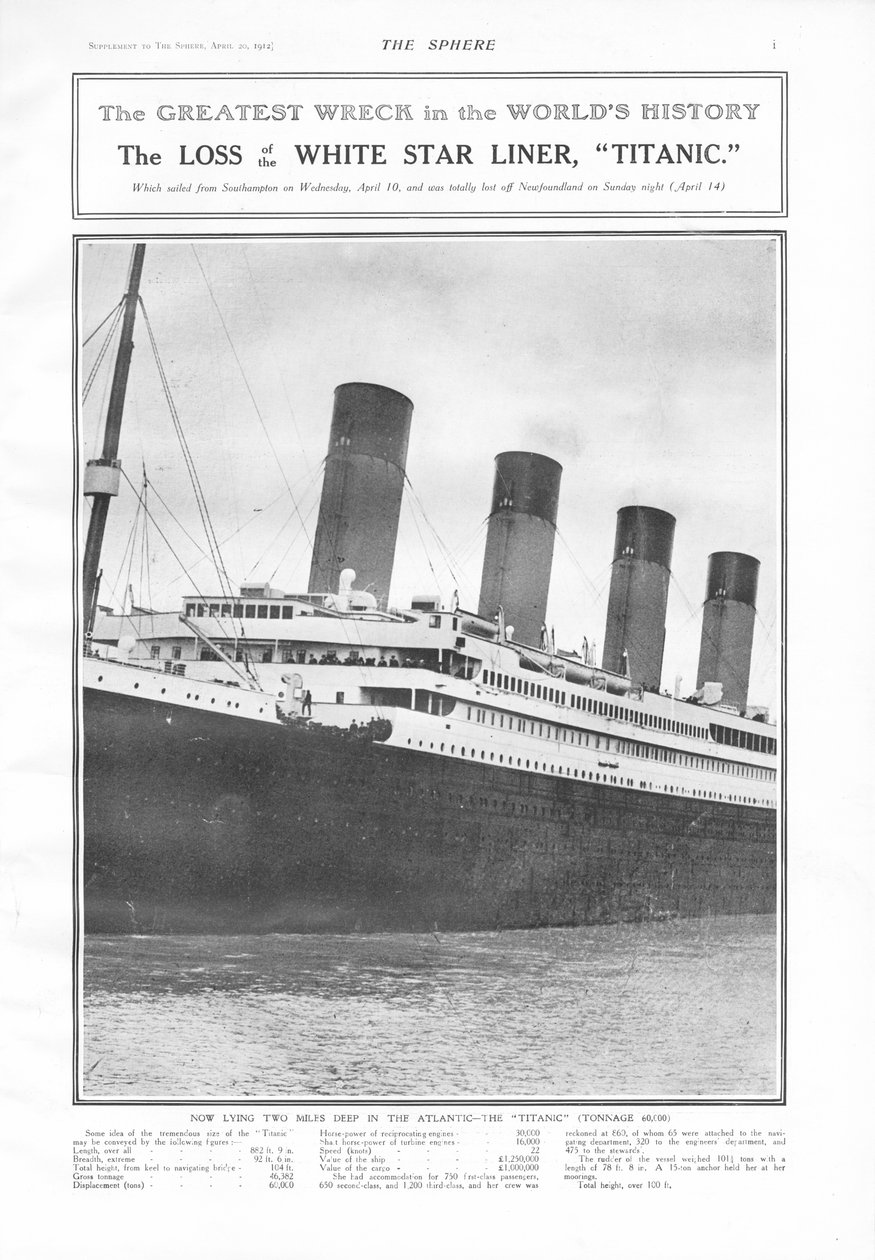Největší vrak v historii světů – Ztráta lodi White Star Liner, Titanic, z The Sphere, 20. dubna 1912 od English School
