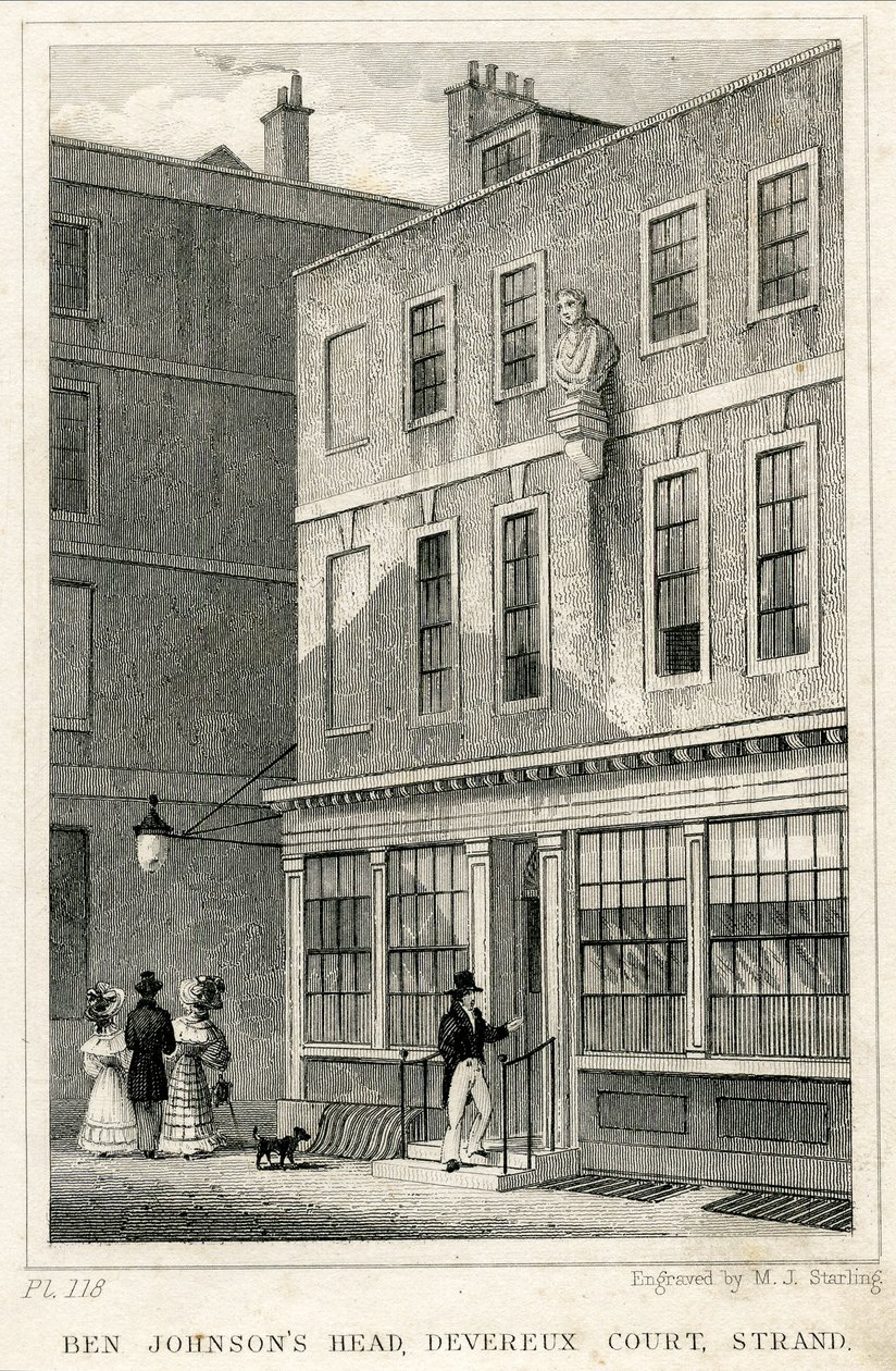 The Grecian Coffee House, Devereux Court, Strand, s bustou Bena Johnsona (rytina) od English School