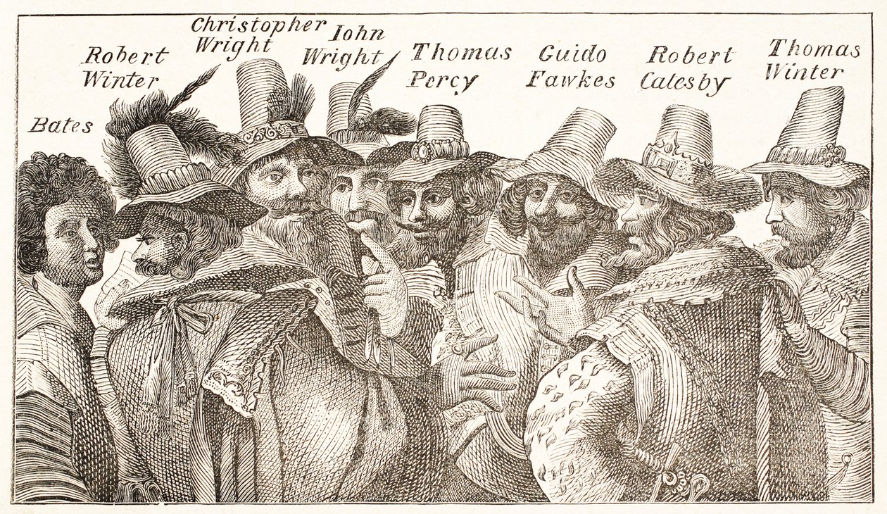 The Gunpowder Plot Conspirators, po rytině z roku 1606 od English School