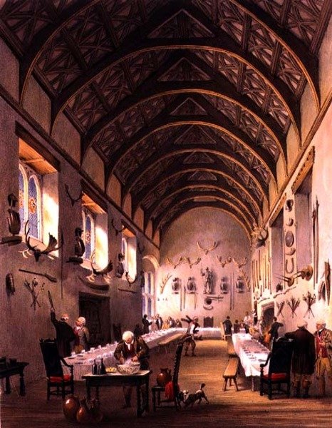 The Hall, Cotehele House, cca 1830-40 (barevné lito) od English School