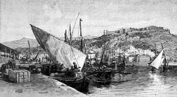 The Harbour, Malaga, Španělsko, z „The Malebné Středomoří“, svazek 3, vydané společností Cassell and Co. Ltd. od English School