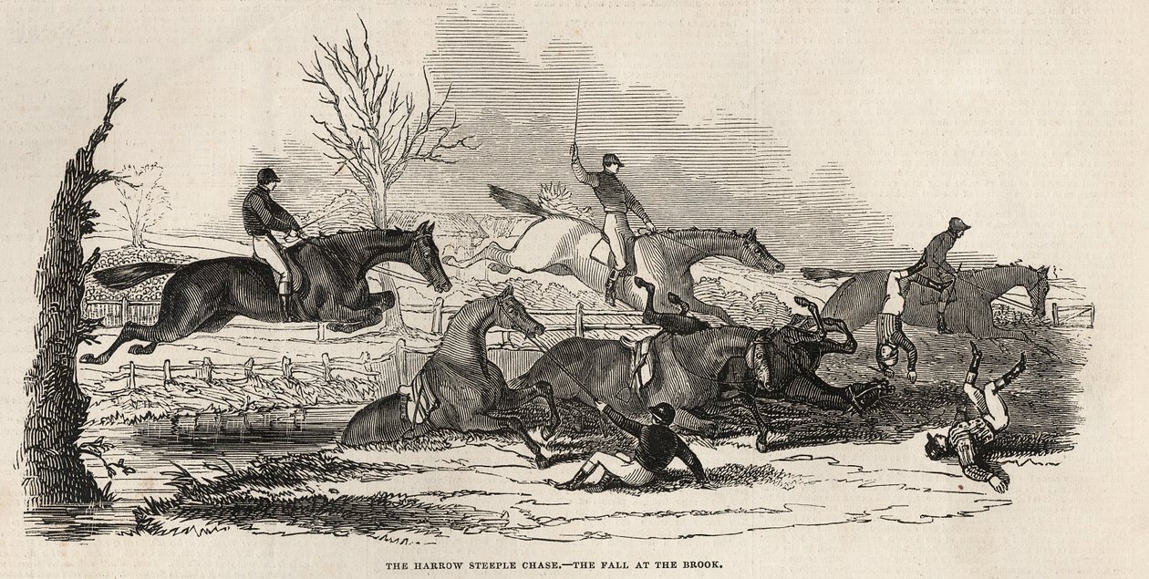 The Harrow Steeple Chase: The Fall at the Brook, z „The Illustrated London News“, 26. dubna 1845 od English School