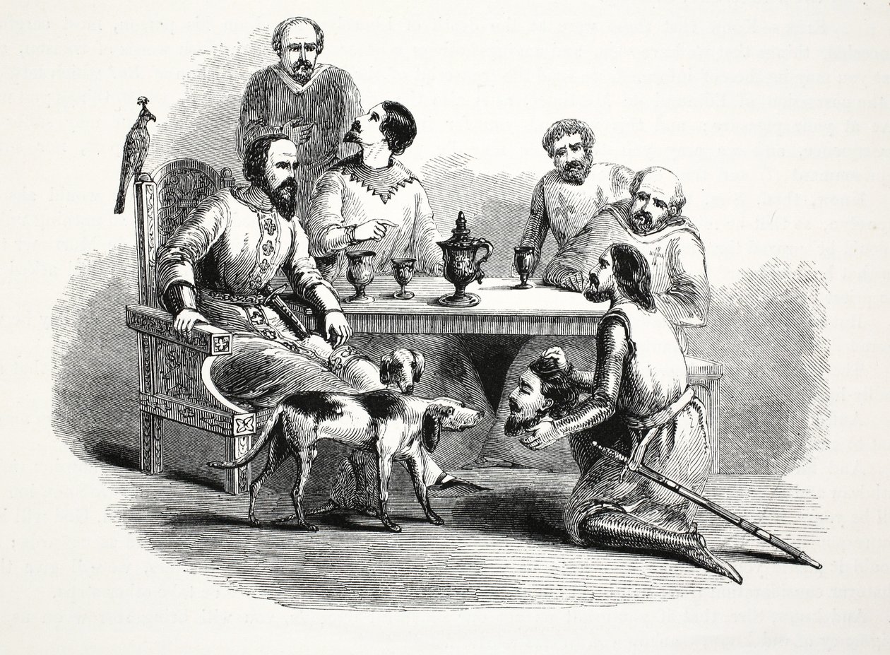 Šéf Llewelynu přivedený Edwardovi na hrad Conway, hospoda. 19. století (ocelová rytina) od English School