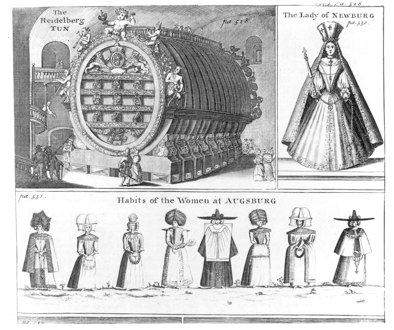 The Heidelberg Tun, The Lady of Newburg and Habits of the Women of Augsburg, from Missons Nouveau voyage dItalie publikovaná v Navigantium atque Itinerantium Bibliotheca od Harrise, revidované vydání, 174 od English School
