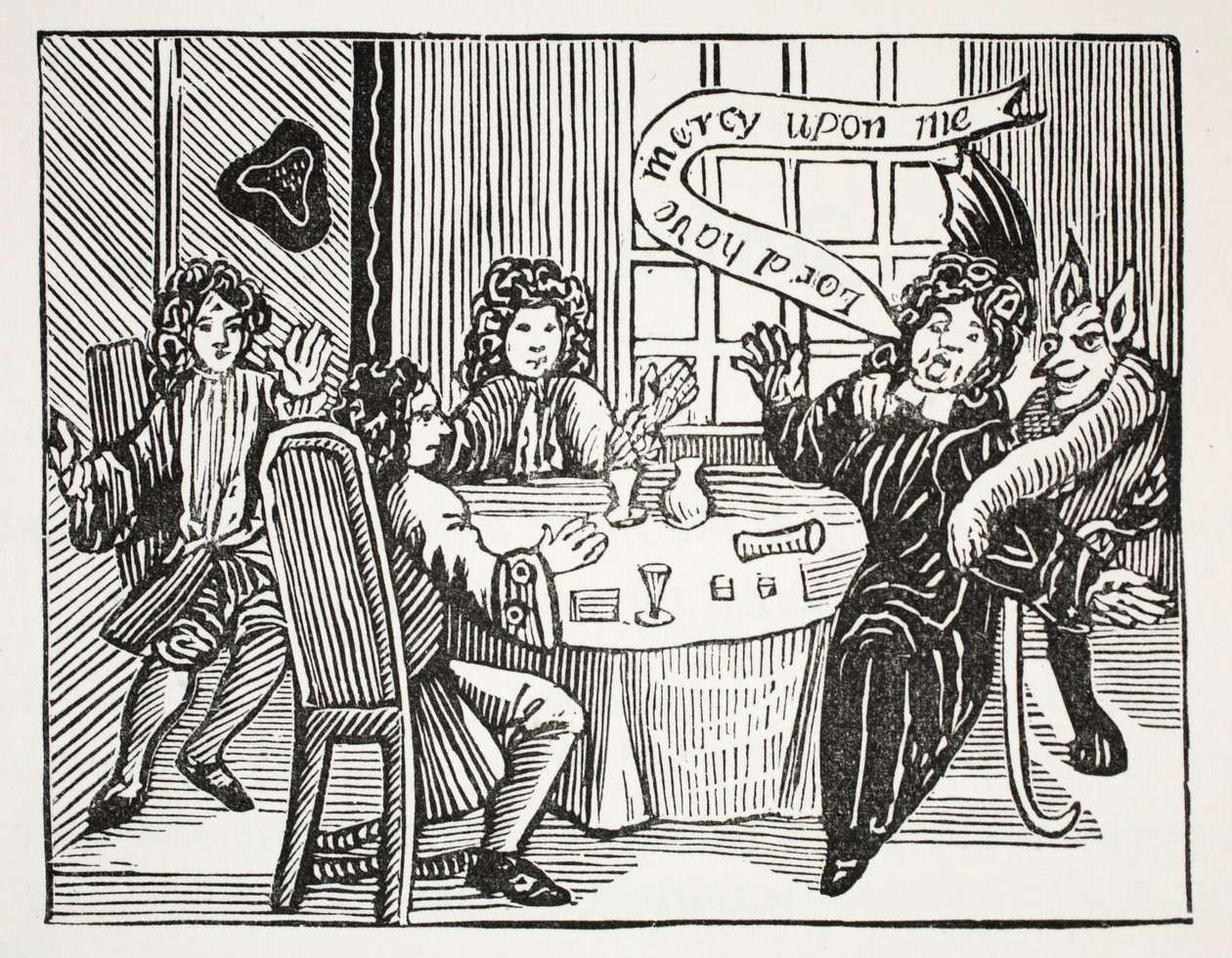 Historie Dr. Johna Fausta, ilustrace z Kapitoly osmnáctého století od Johna Ashtona, pub. 1882 od English School