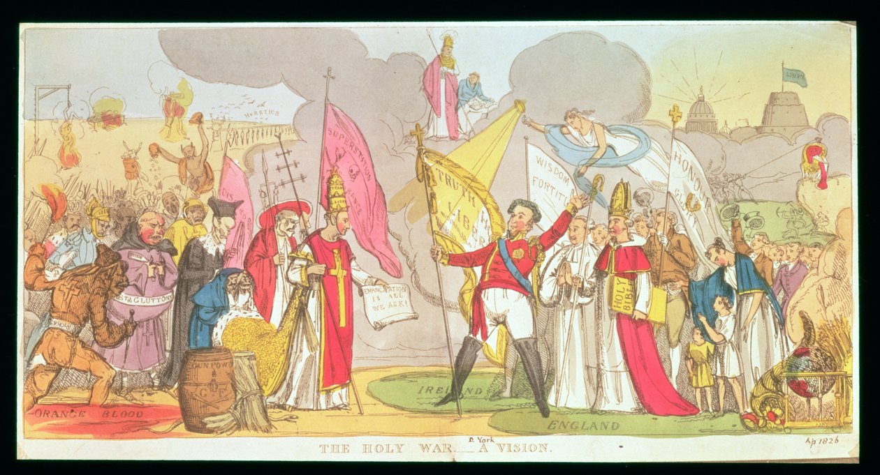 Svatá válka - vize, satirická karikatura boje za katolickou emancipaci v Irsku, 1826 od English School