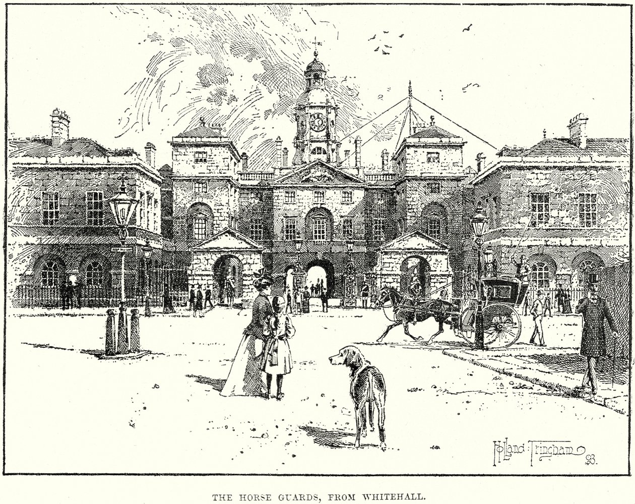 Horse Guards, pohled z Whitehallu (rytina) od English School