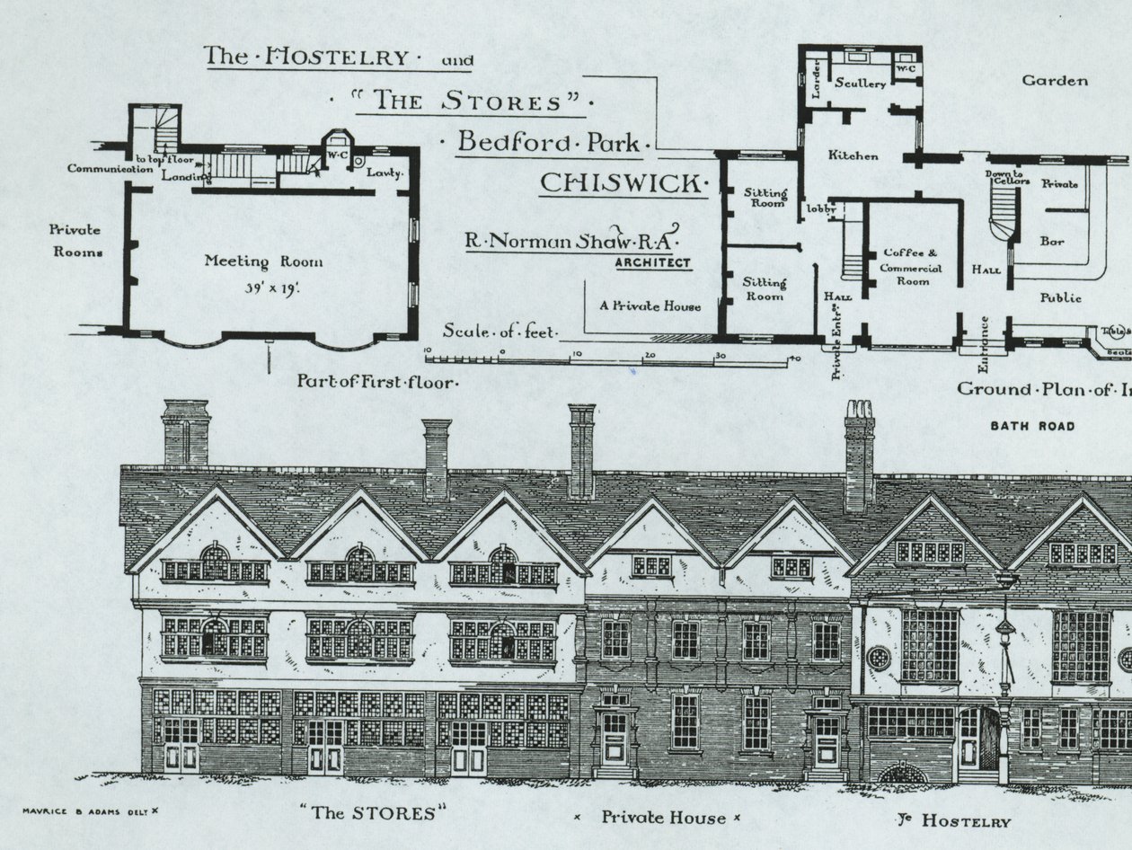 Hostelry and The Stores, Bedford Park, Chiswick, z The Building News, 1877 od English School