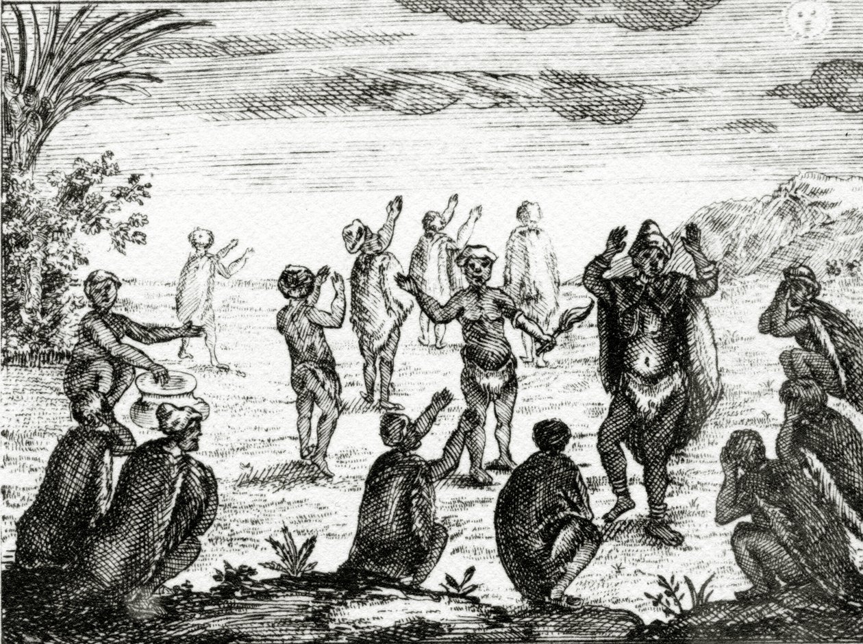 Hottentoti uctívají Měsíc, ilustrace z „Současného stavu mysu Dobré naděje“ od Petera Kolba, vydaného v roce 1731 od English School