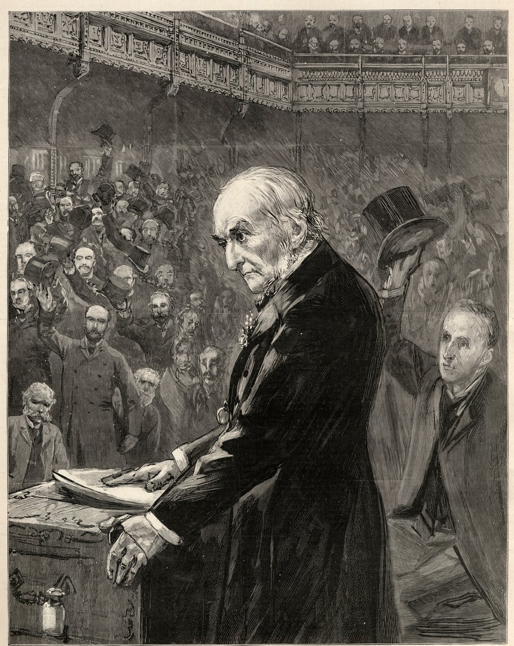 Dolní sněmovna, 13. února 1893: William Ewart Gladstone, liberální ministerský předseda, představuje druhý zákon o domově vládě. od English School