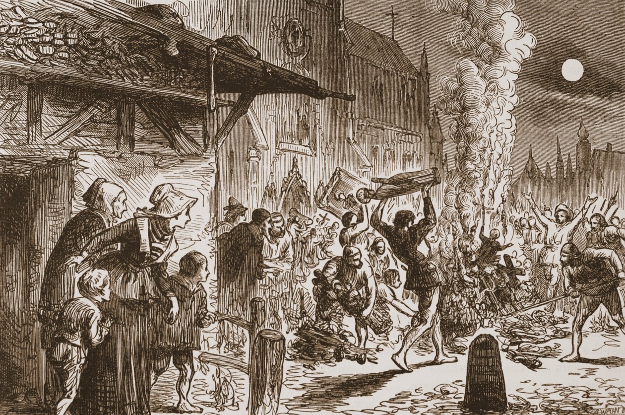 Obrazoborci v Basileji pálí obrazy a idoly, ilustrace z Historie protestantismu od Jamese Aitkena Wylie (1808-1890), hospoda. 1878 od English School