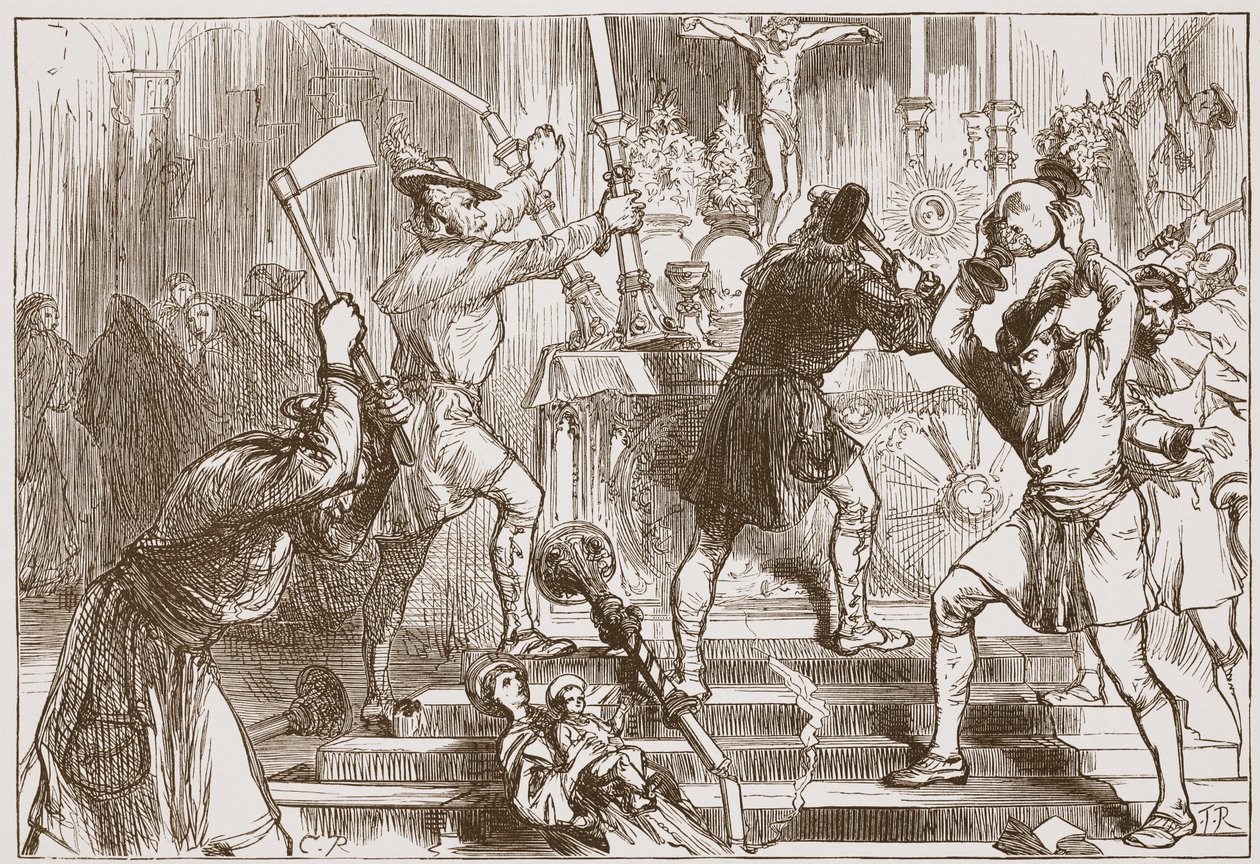 Obrazoborci ničí obrazy a oltářní výzdobu římskokatolického kostela, ilustrace z „Dějin protestantismu“ od Jamese Aitkena Wylie (1808-1890), hospoda. 1878 (rytina) od English School