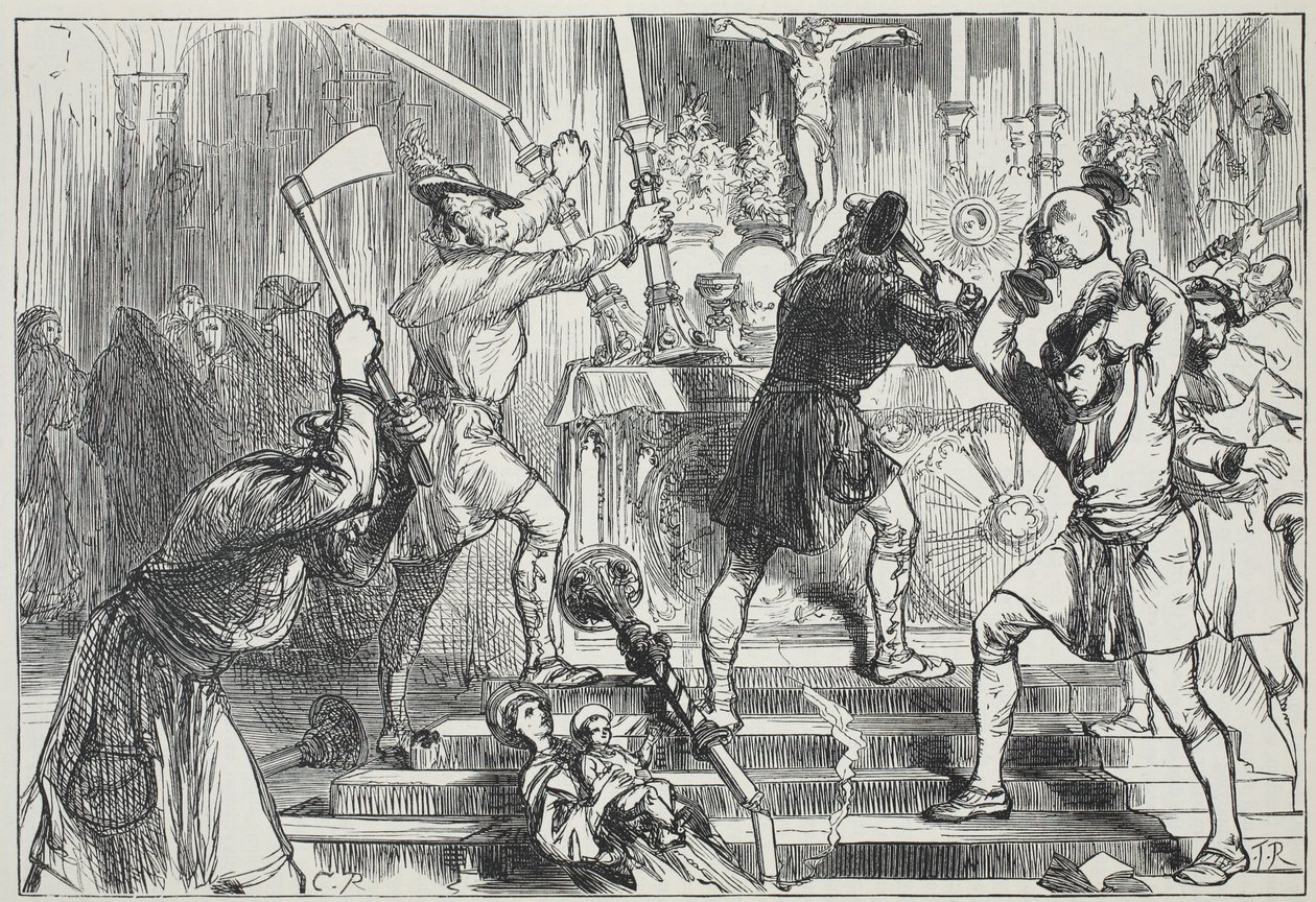 Obrazoborci ničící obrazy a oltářní výzdobu římskokatolické církve, ilustrace z Historie protestantismu od Jamese Aitkena Wylie (1808-1890), hospoda. 1878 od English School