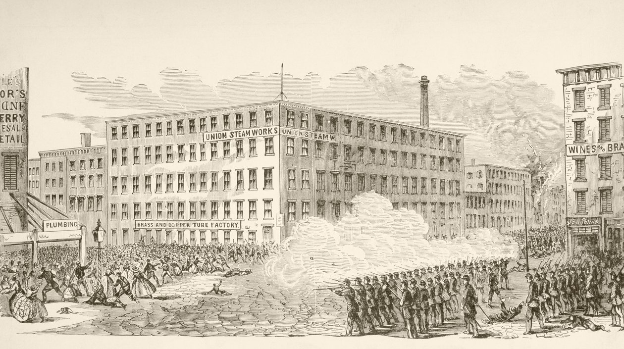 Incident na Second Avenue během newyorských návrhových nepokojů v červenci 1863 (litho) od English School