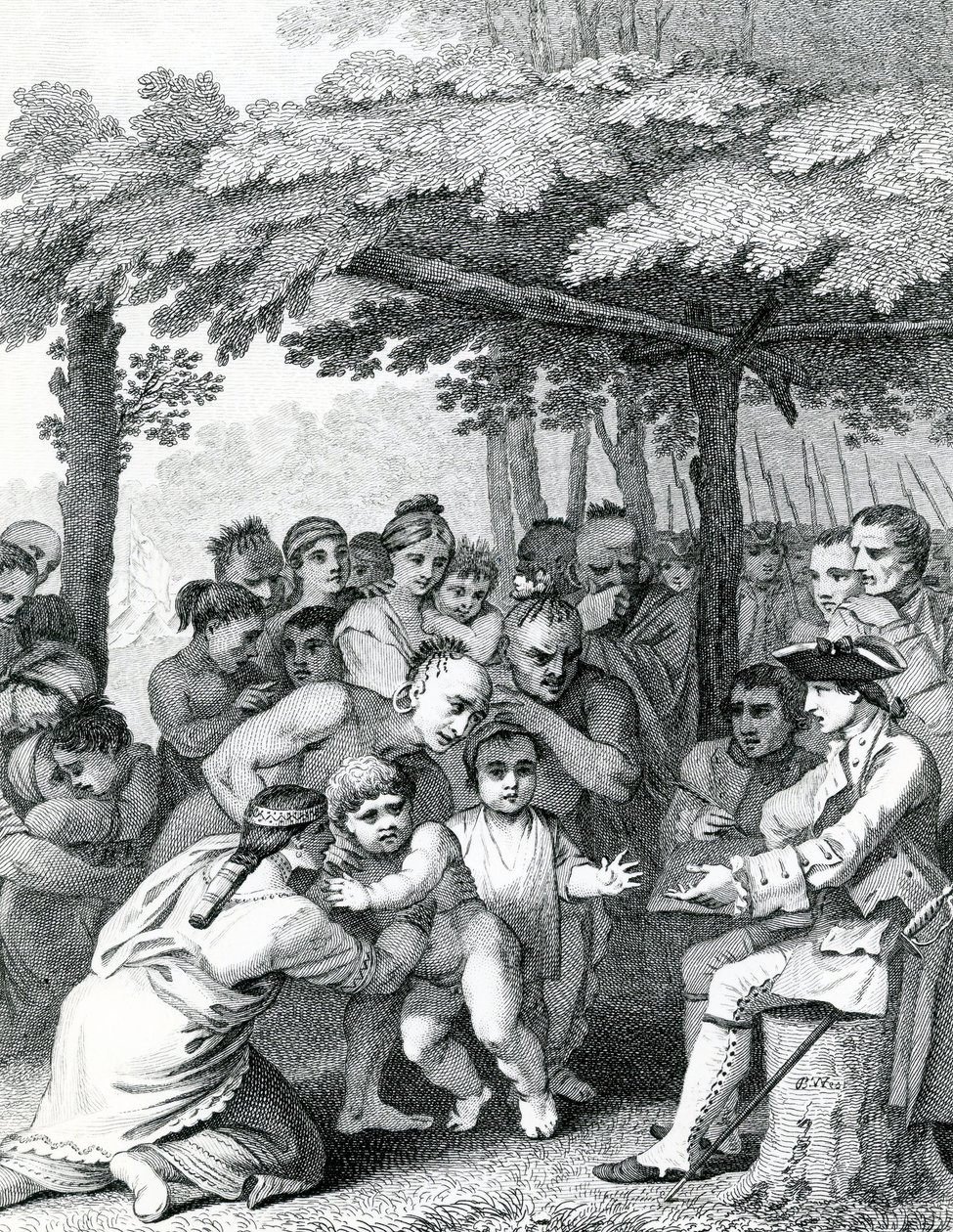 Indiáni předávají anglické zajatce plukovníku Bouquetovi poblíž jeho tábora ve Forks of Muskingham v Severní Anerice, vyryto Canotem, 1764 od English School