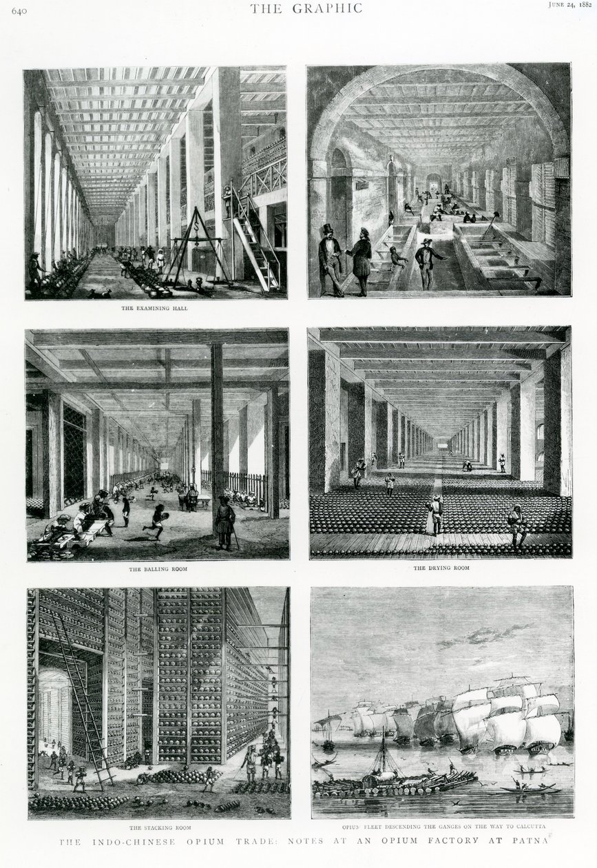 Indo-čínský obchod s opiem: Poznámky v továrně na opium v Patně, převzato z The Graphic, 1882 od English School
