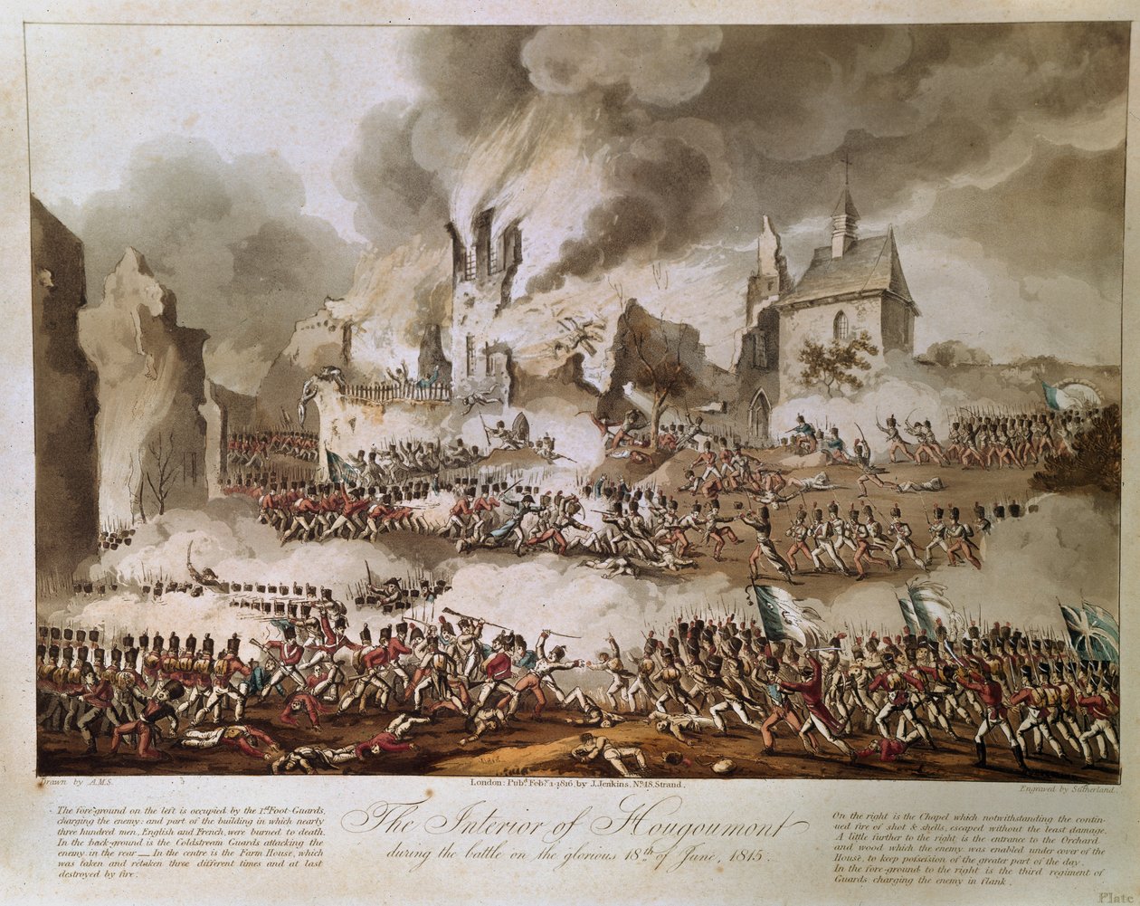 Interiér Hougoumontu během bitvy na Slavné 18. června 1815, vyryto T. Sutherlandem, vydáno 1816 (akvatinta) od English School