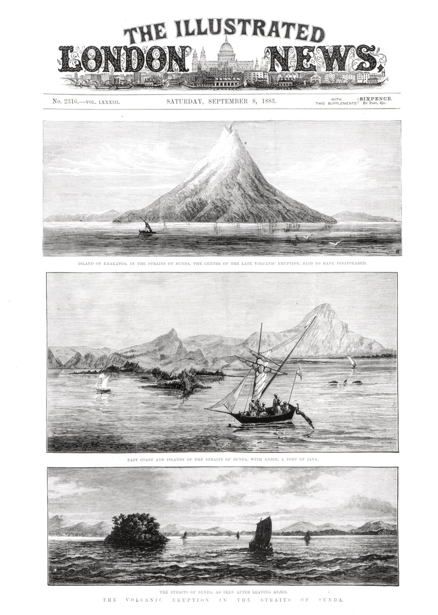 Ostrov Krakatoa, přední strana obálky The Illustrated London News, 8. září 1883 od English School