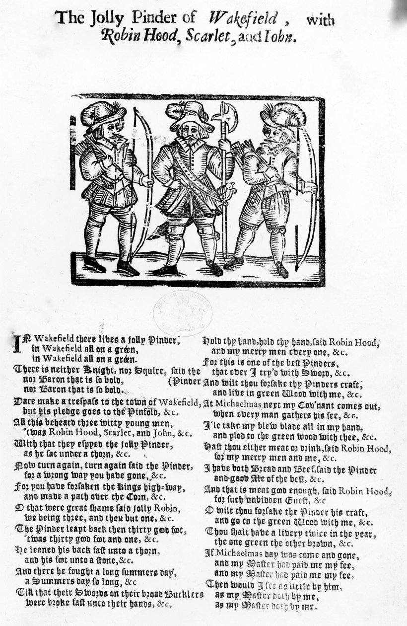 The Jolly Pindar of Wakefield with Robin Hood, Scarlet and John, publikoval W. Thackeray, J. Millet, A. Mulbourn, 1689-1692 od English School