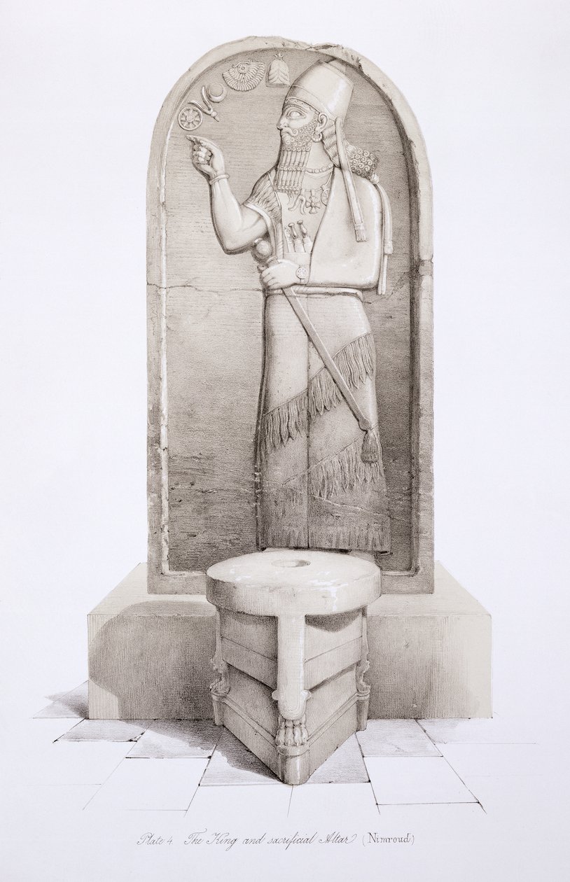 Král a obětní oltář, Nimrud, deska 4 z Ninive a jeho pozůstatky od Austena Henryho Layarda (1817-94), vydáno 1849 od English School