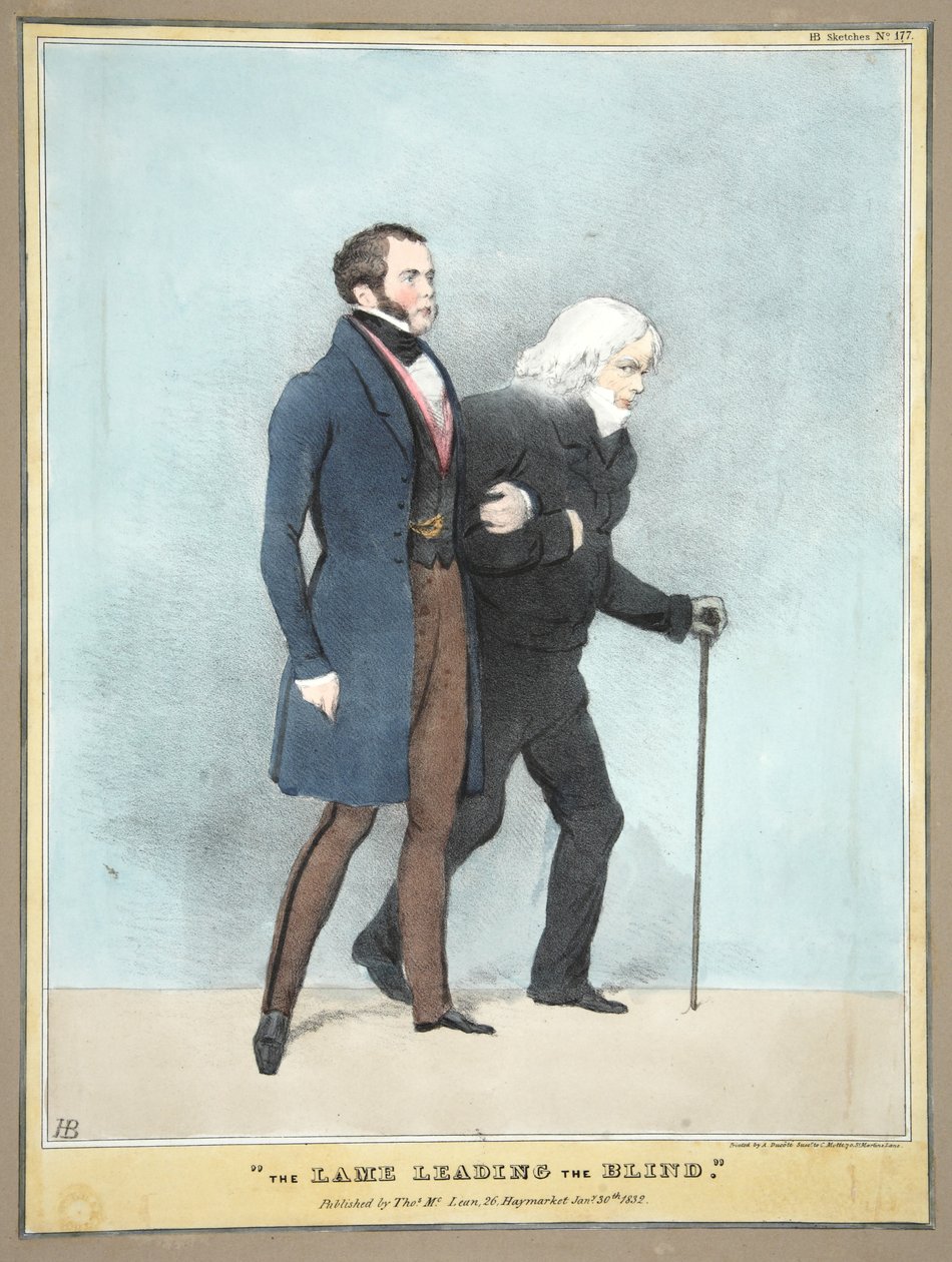 Kulhavý vede slepce, hospoda. 1832 (barevná rytina) od English School