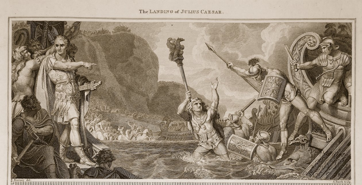 The Landing of Julius Caesar, ilustrace od Davida Humese Historie Anglie, pub. od R. Bowyera, Londýn, 1812 od English School