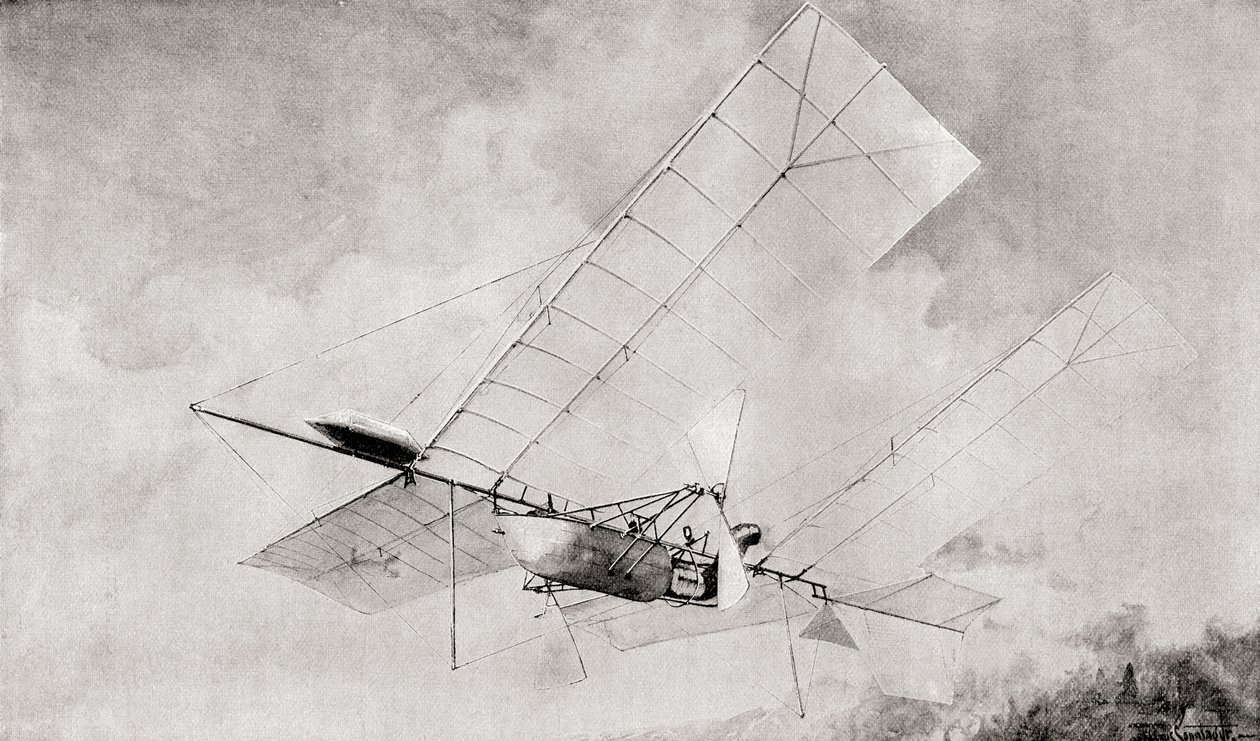 Létající stroj Langley Aerodrome v letu v 19. století. From The Strand Magazine vydaný v roce 1897. od English School