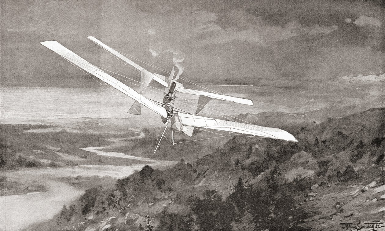 Langley Aerodromen lentokone lennossa 1800-luvulla. Vuonna 1897 julkaistusta The Strand Magazinesta. od English School