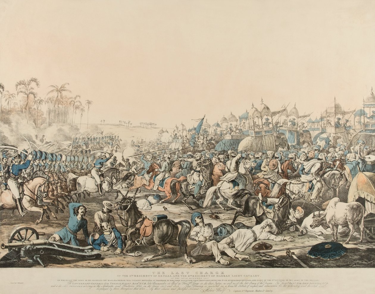 „Poslední útok 6. pluku (sic) Bengálska a 6. pluku lehké kavalérie Madras dne 16. prosince 1817“ (barva litho) od English School