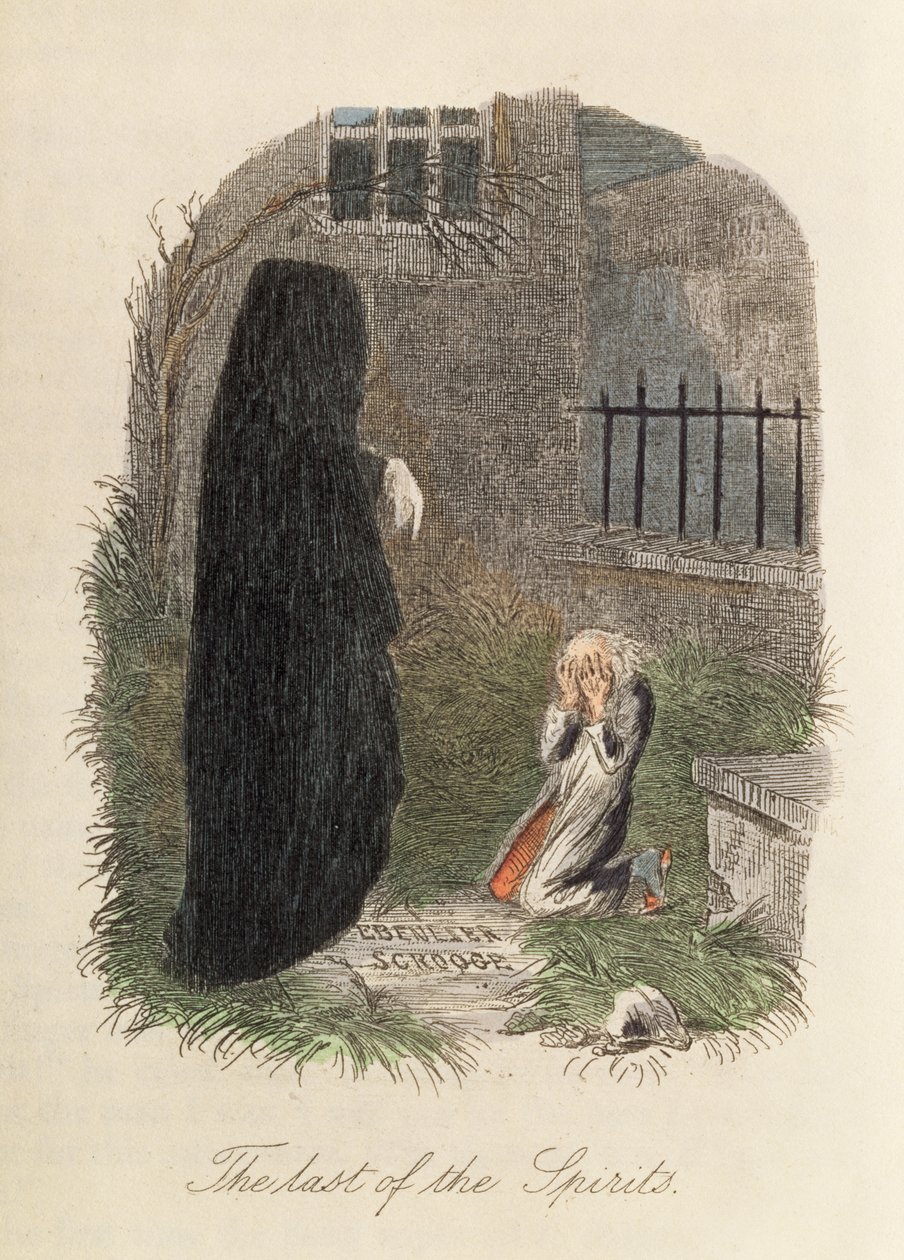 Poslední z duchů, ilustrace k Vánoční koledě od Charlese Dickense (1812-70) 1843 (barevná rytina) od English School