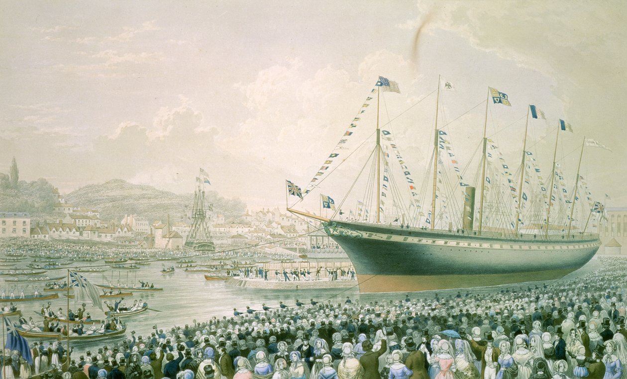 Start parníku „Velká Británie“ v Bristolu, 9. července 1843, kolem roku 1843 (barevné lito) od English School