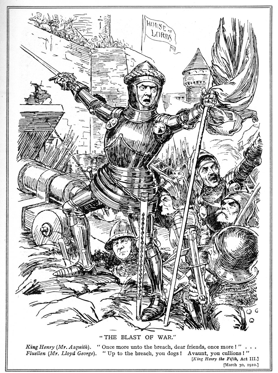 Liberálové v čele s Asquithem a LLoydem Georgem zaútočí na Sněmovnu lordů, 1910 od English School