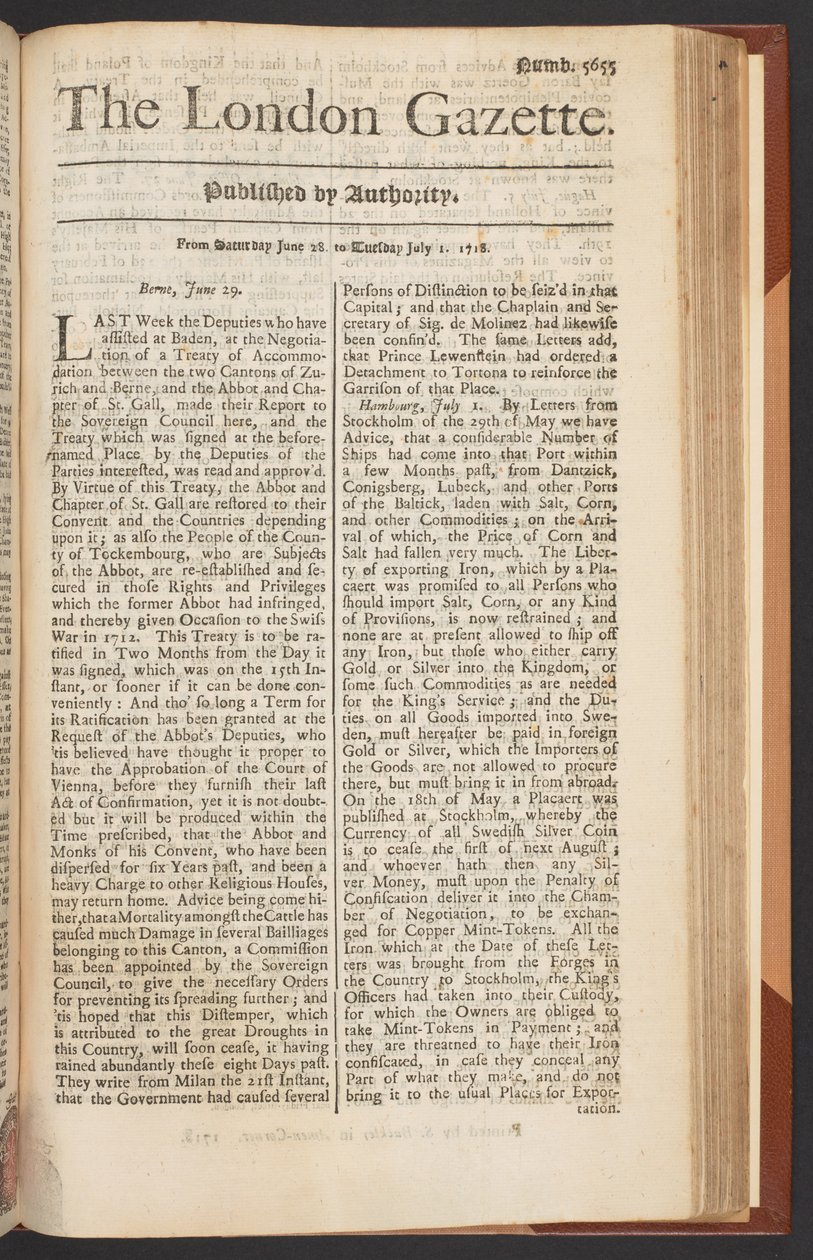The London Gazette, vydání 5655, strana 1, 28. června 1718 (tisk) od English School