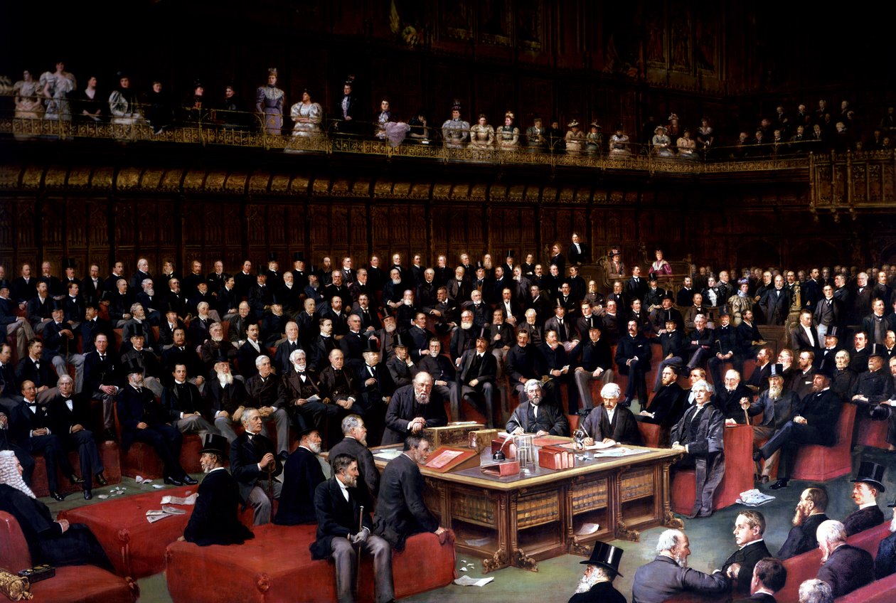 Lord kancléř se chystá položit otázku v rozpravě o Home Rule ve Sněmovně lordů, 1893 od English School