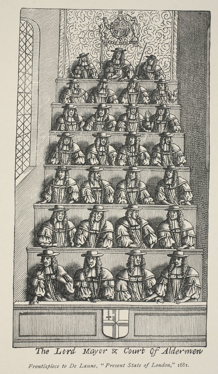 Lord Mayor a Court of Aldermen, frontispis z De Launes Angliae Metropolis, 1681 od English School