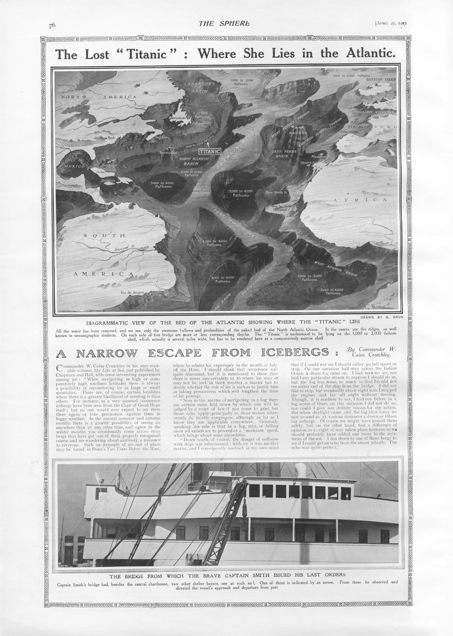 Ztracený Titanic - Kde leží v Atlantiku, z The Sphere, 27. dubna 1912 od English School