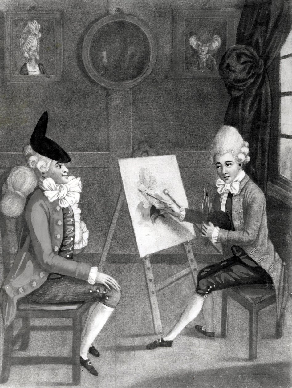 The Macaroni Painter, neboli Billy Dimple vhodný pro jeho obraz, publikoval Bowles a Carver, 1772 (mezzotinta) od English School