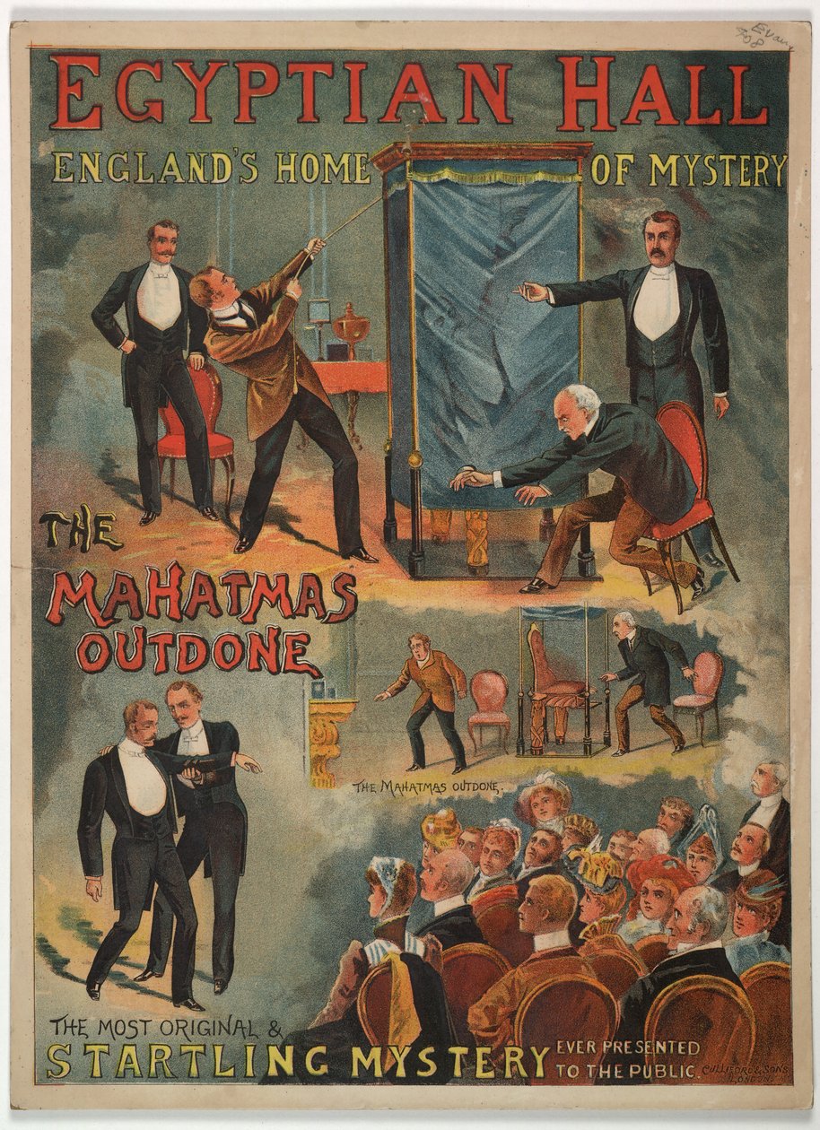 „The Mahatmas Outdone“, představený v egyptském sále Maskelyne a Cooke v roce 1891 (barevné lito) od English School