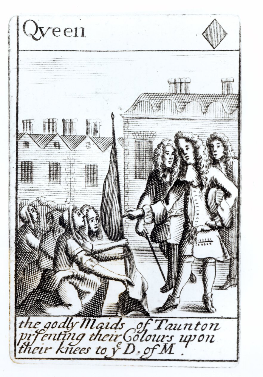 Služky z Tauntonu klečící před vévodou z Monmouthu, 18. června 1685, hrací karta Queen of Diamonds ze sady připomínající povstání Monmouthů od English School