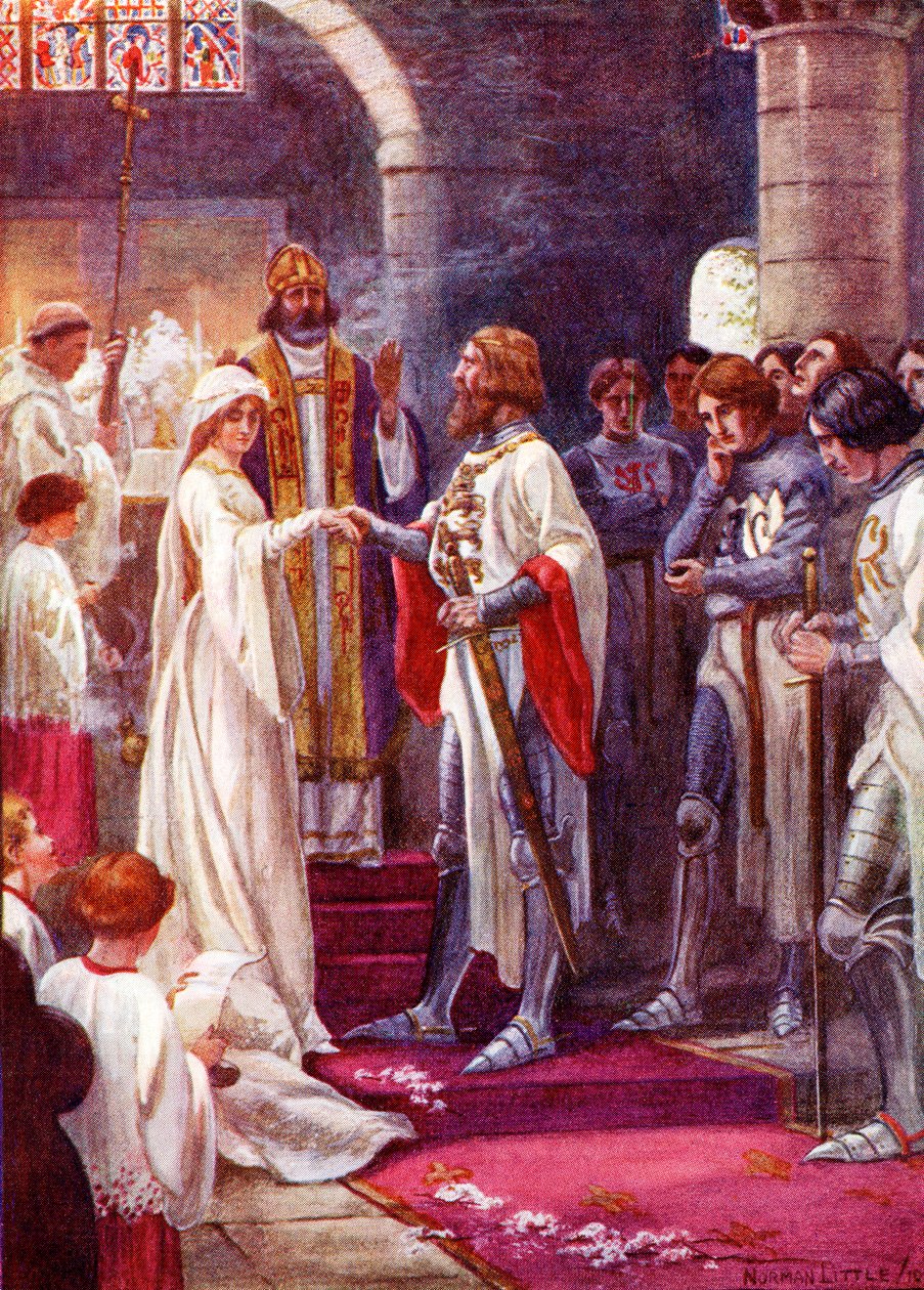 Manželství krále Artuše a Guinevery. Barevná ilustrace z knihy The Gateway to Tennyson vydané v roce 1910. od English School