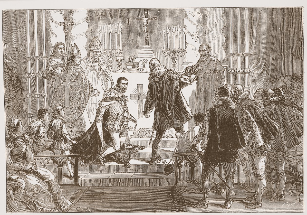 Polský maršál požadující přísahu od vévody z Anjou, ilustrace z Dějin protestantismu od Jamese Aitkena Wylie (1808-1890), nakl. 1878 od English School