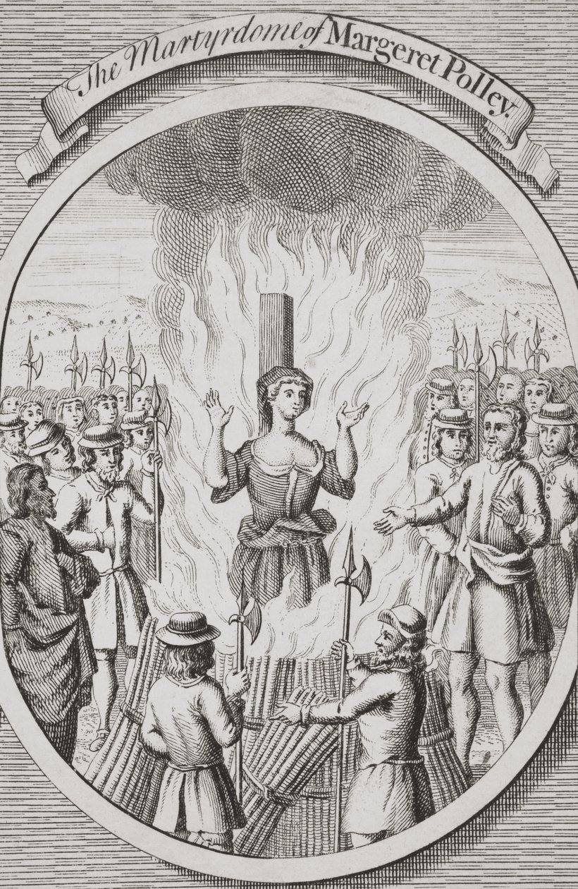 Umučení Margeret Polleyové v Tunbridge, z knihy "The Burning of the Martyrs", vydané v roce 1741 (litografie) od English School