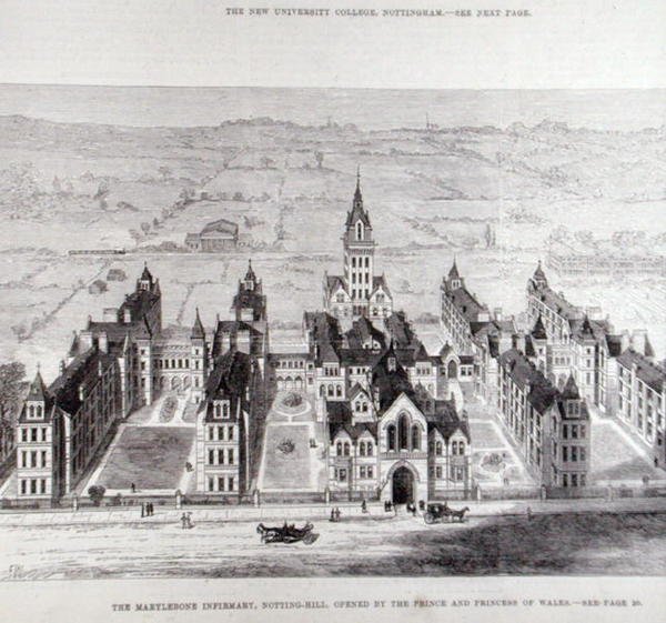 Marylebone Infirmary, Notting Hill, otevřena princem a princeznou z Walesu, z The Illustrated London News, 7. února 1881 od English School