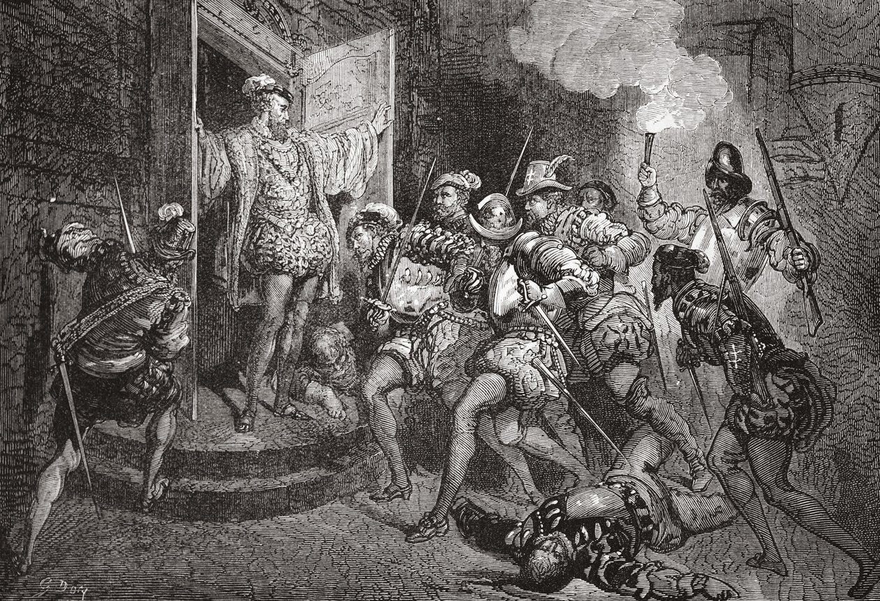 Masakr sv. Bartoloměje: útok na Colignys lodgings, ilustrace z Historie protestantismu od Jamese Aitkena Wylie (1808-1890), hospoda. 1878 od English School