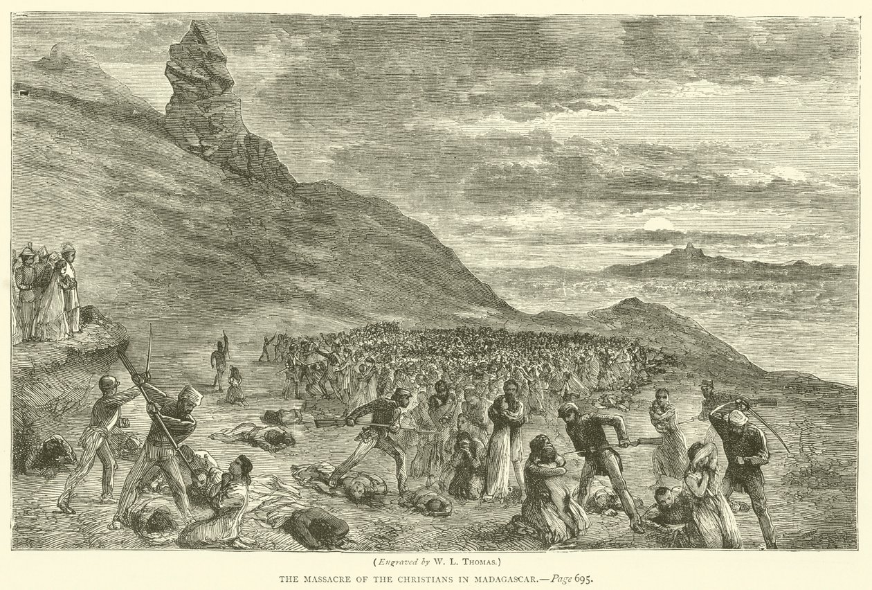 Masakr křesťanů na Madagaskaru (rytina) od English School