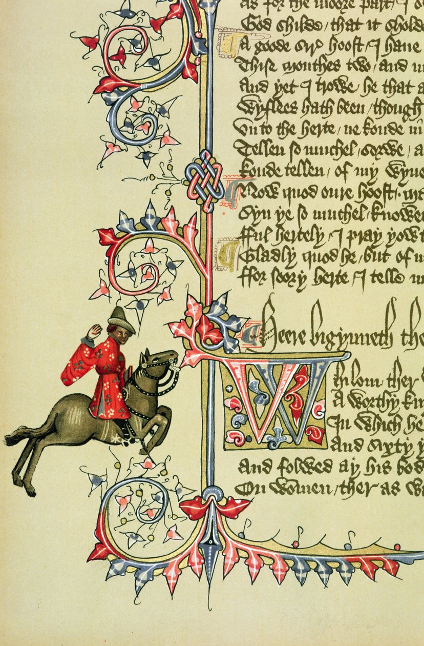 The Merchant, faksimile detail z Canterbury Tales, od Geoffreyho Chaucera (asi 1342-1400) od English School